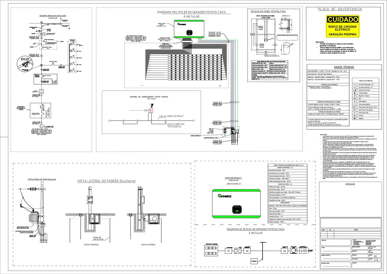 Prancha técnica de projeto fotovoltaico — diagramas unifilares, detalhe do padrão de entrada, carimbo e tabelas. Exemplo real do pacote, editável em DWG.